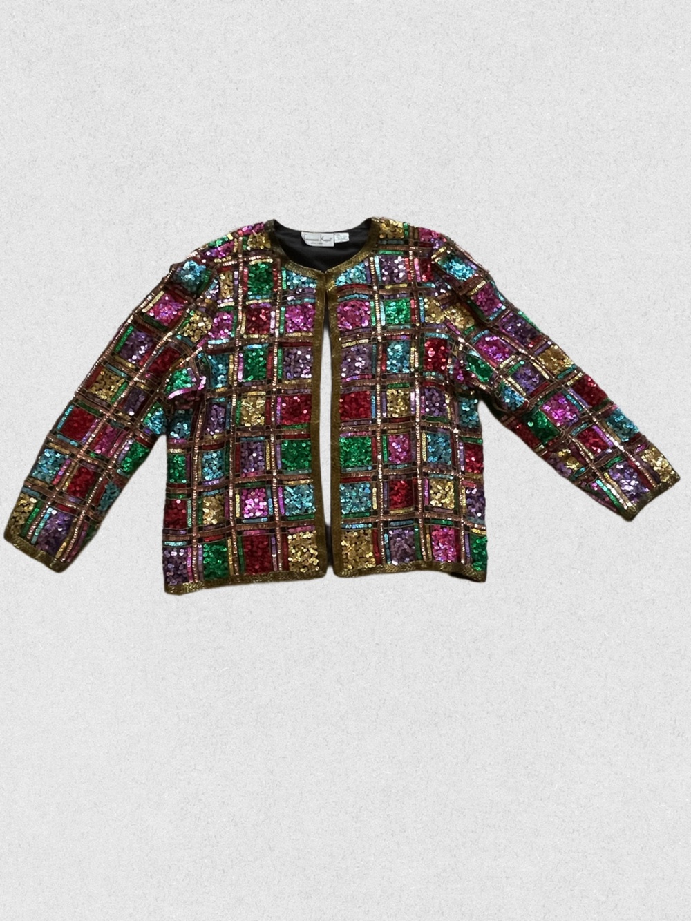 90s Laurence Kazar Multicolor Sequin Patchwork Jacket with Gold Trim - Picture 2 of 13